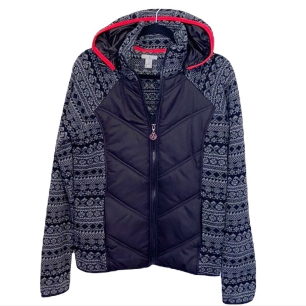 Skyr Womens Black Aztec Hooded puffer Jacket Size Large Wool Blend Full Zip